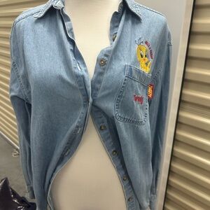 Warner Bros. Light Blue Looney Tunes Denim Shirt with Tweety Bird Embroidered